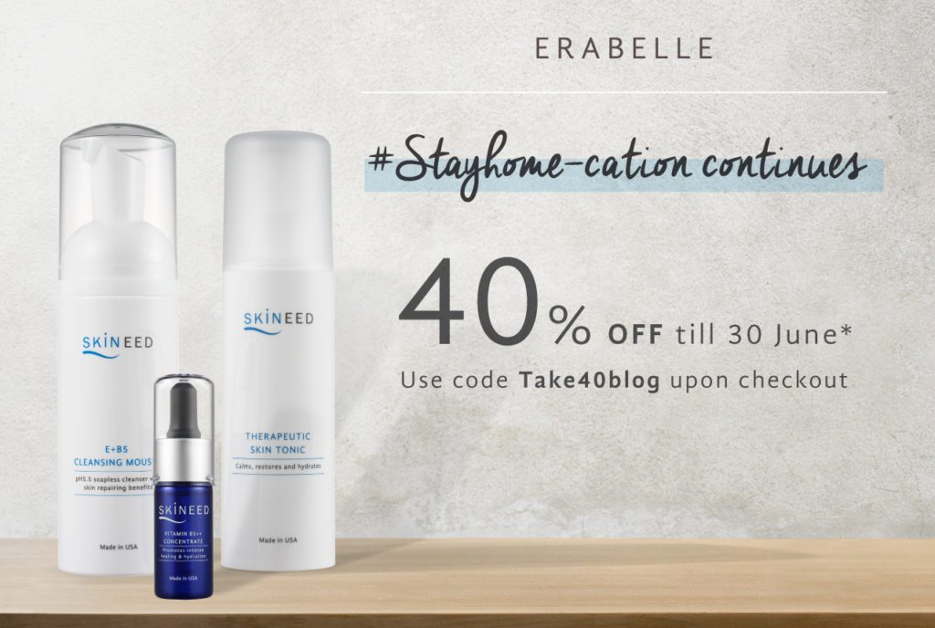 Erabelle's June stay home offer featuring Skineed's E+85 Cleansing Mousse, Therpeutic Skin Tonic, and Vitamin B5++ Concentrate